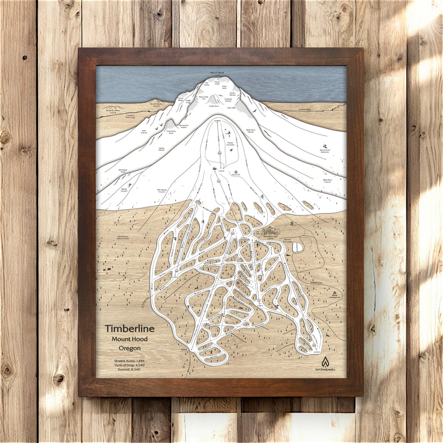 Timberline Lodge Oregon Wooden Ski Resort Art, 3D Wood Ski Trail Map Torched Peaks