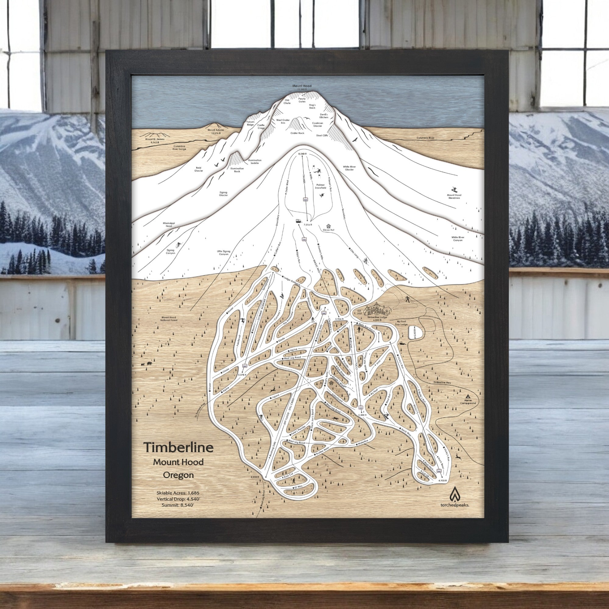Timberline Ranch Map Timberline Lodge Wooden Ski Trail Map | Mount Hood Ski Resort Art