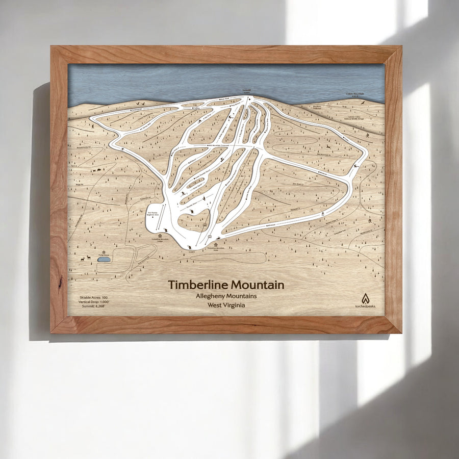 Timberline Mountain Framed Skiing Art, Wooden Ski Trail Map