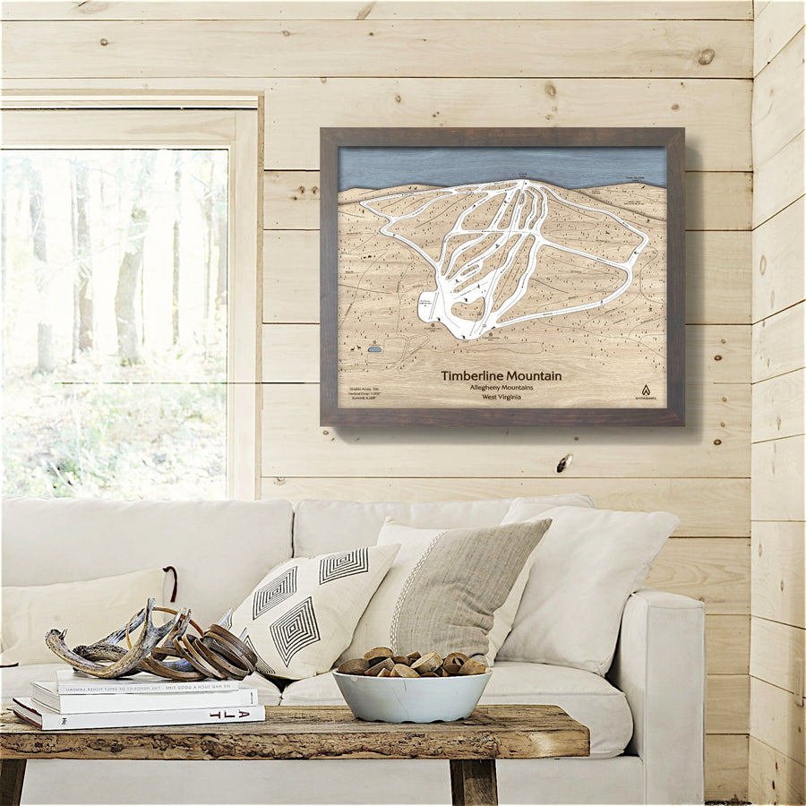 Timberline Mountain, Wood Ski Map, Ski Cabin Decor, Skiing and Snowboard Art