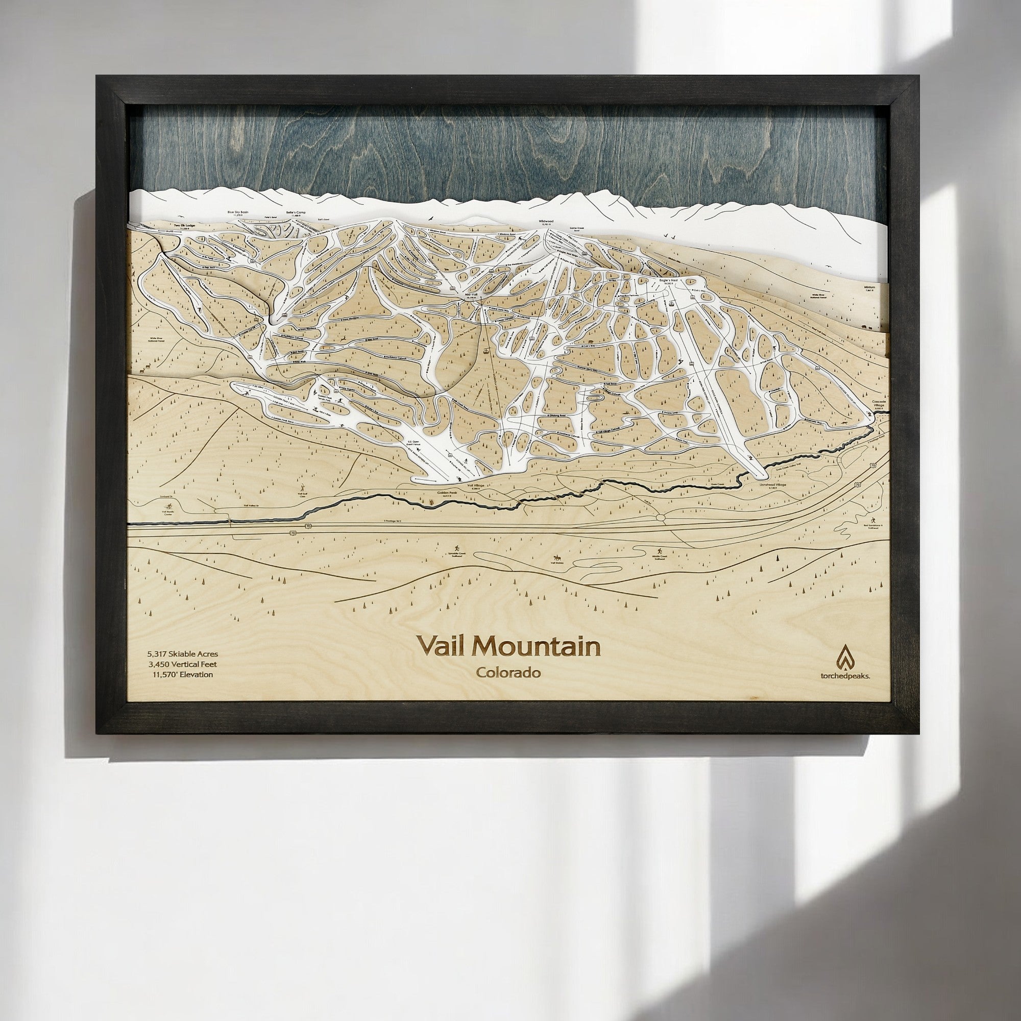 Framed topographic map of Vail Mountain, Colorado on a white wall.