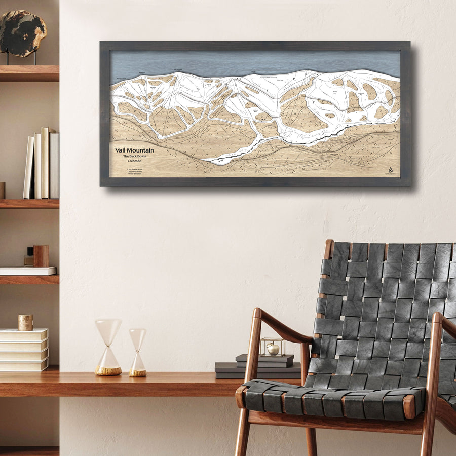 Vail Colorado Back Bowls Wooden Ski Map, Framed Skiing Art