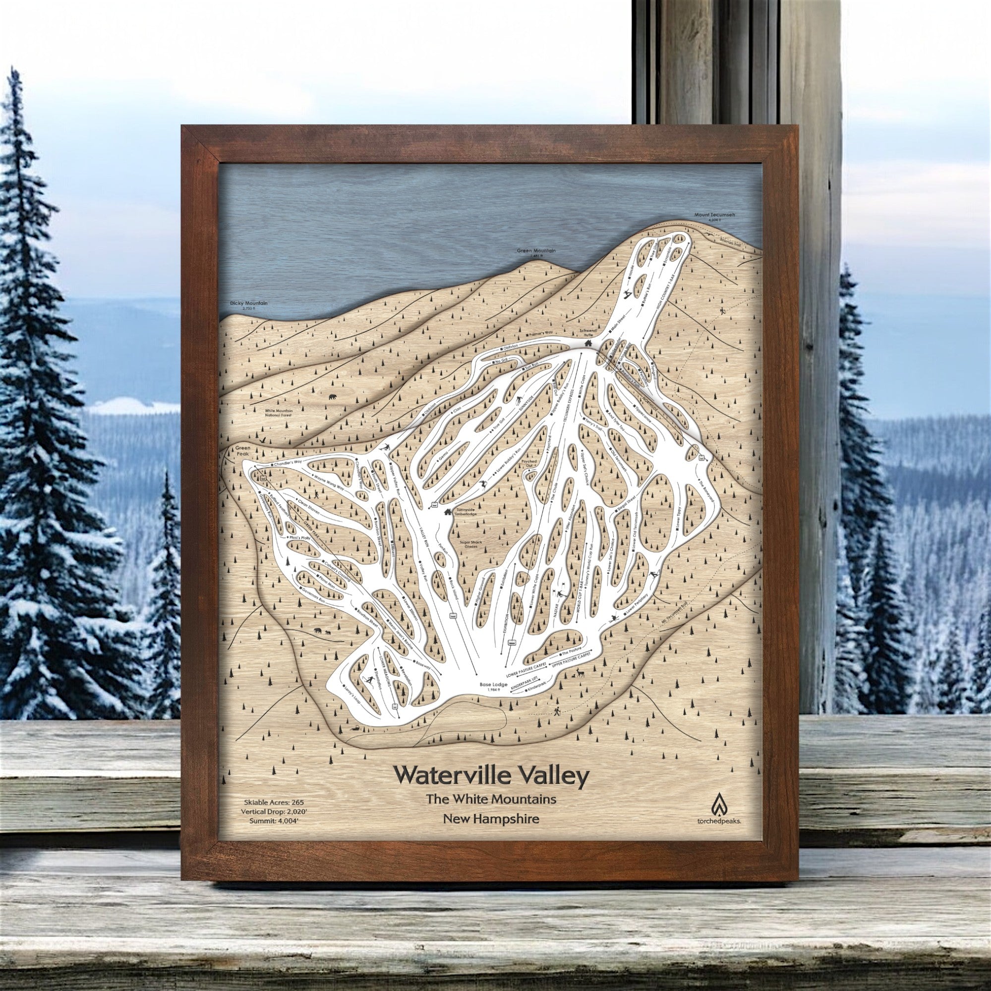 Waterville Valley NH, Wooden Ski Map, Laser-engraved Ski Trail Map