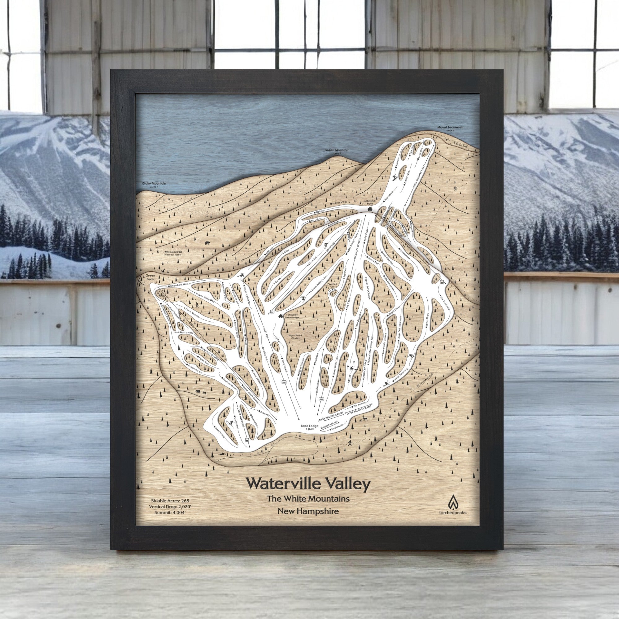 Waterville Valley, Slopes Mountain Art, 3D Wood Ski Map, Designed by artist Shawn Orecchio, Torched Peaks