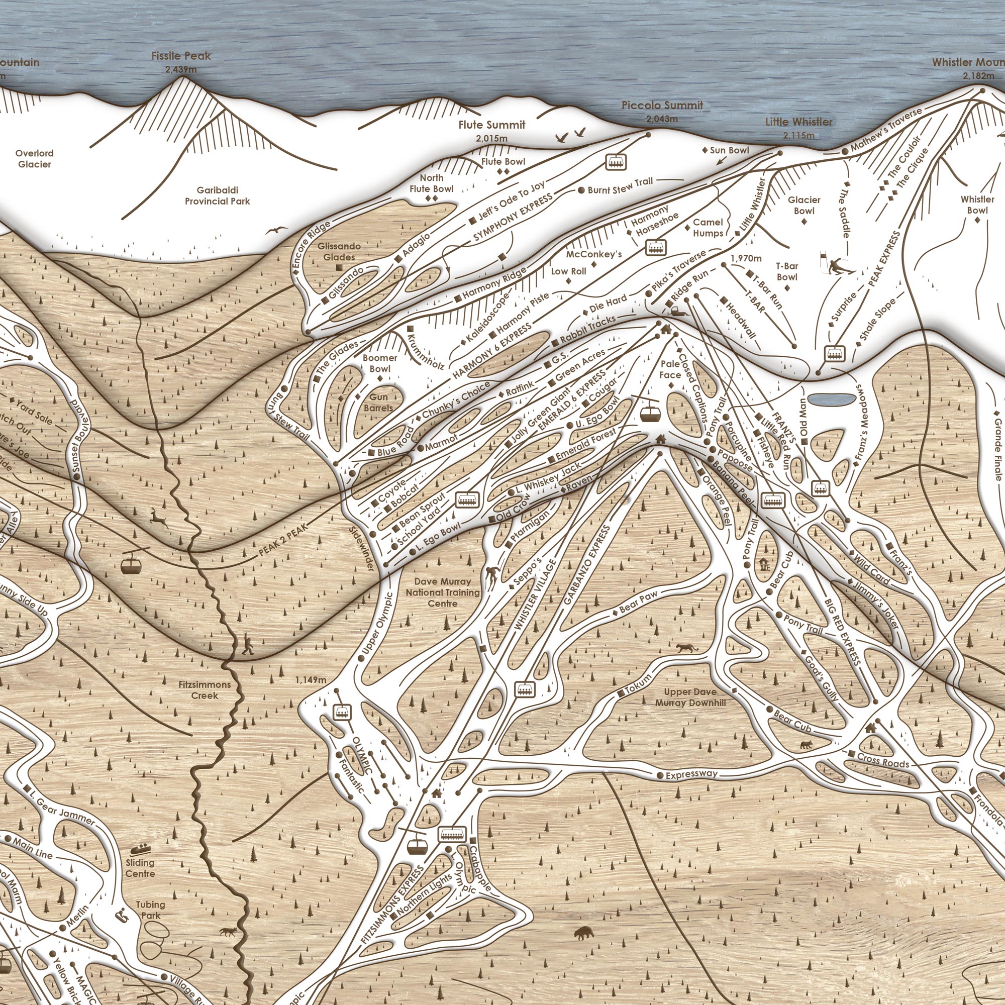 Close-up of a handcrafted Whistler Blackcomb 3D wood ski trail map showing layered terrain, ski runs and mountain details