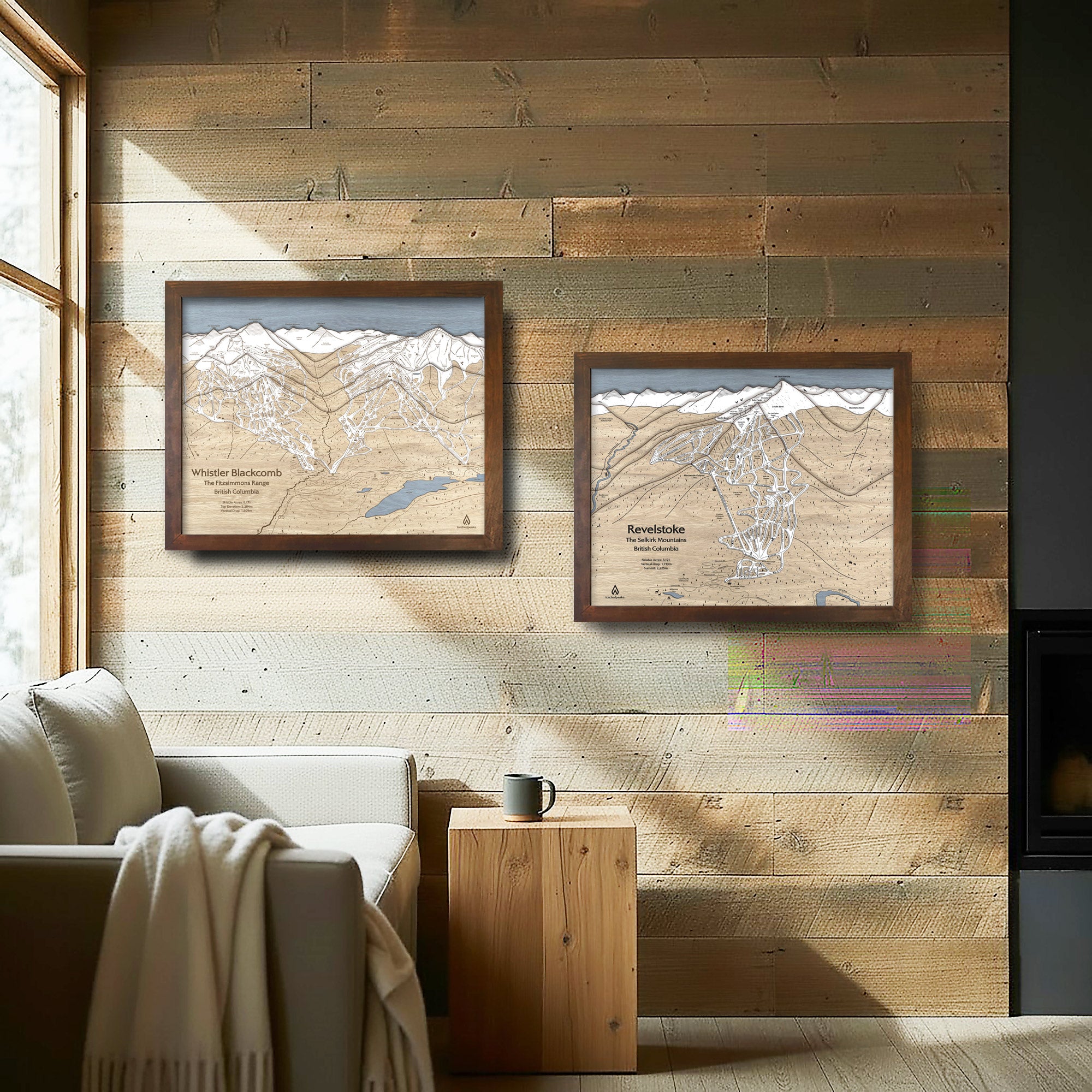 Framed Whistler Blackcomb ski map above a seated skier holding a mug in a quiet, rustic mountain cabin