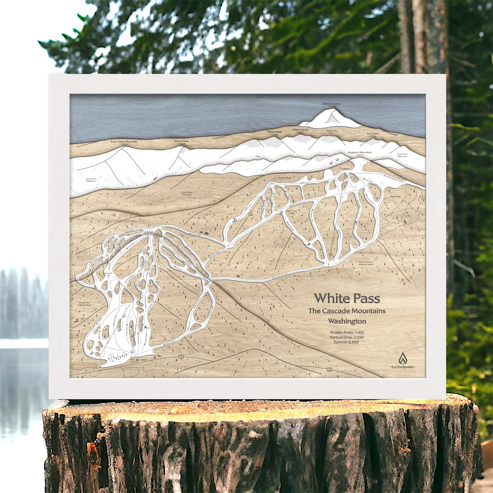 Wooden map of White Pass in the Cascade Mountains, Washington, displayed on a wooden stump with a natural background.