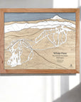 Framed 3d wood map of White Pass Ski Trails in the Cascade Mountains, Washington, on a white wall in a modern ski cabin. 