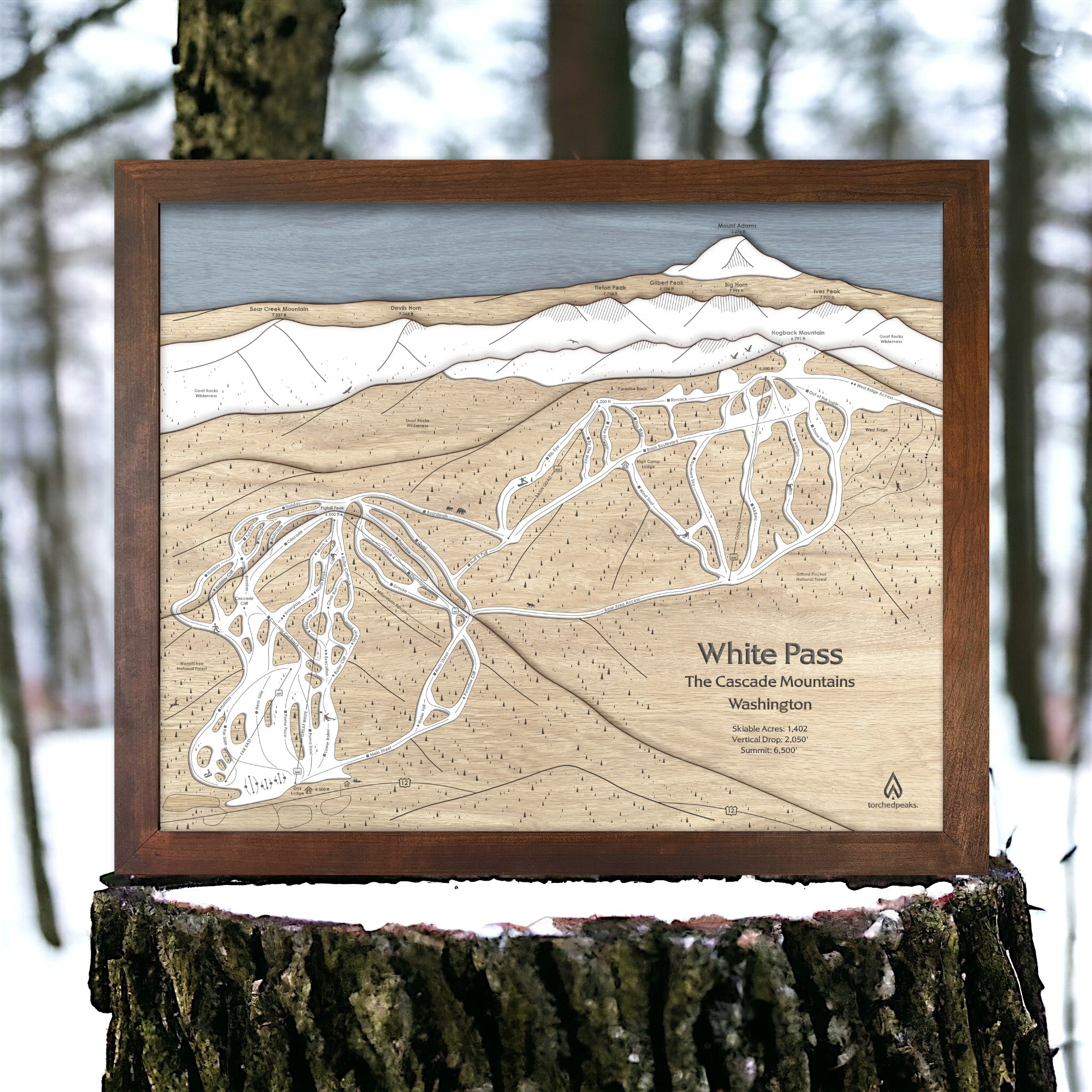 Wooden map of White Pass Ski Runs in the Cascade Mountains, Washington, displayed outdoors.