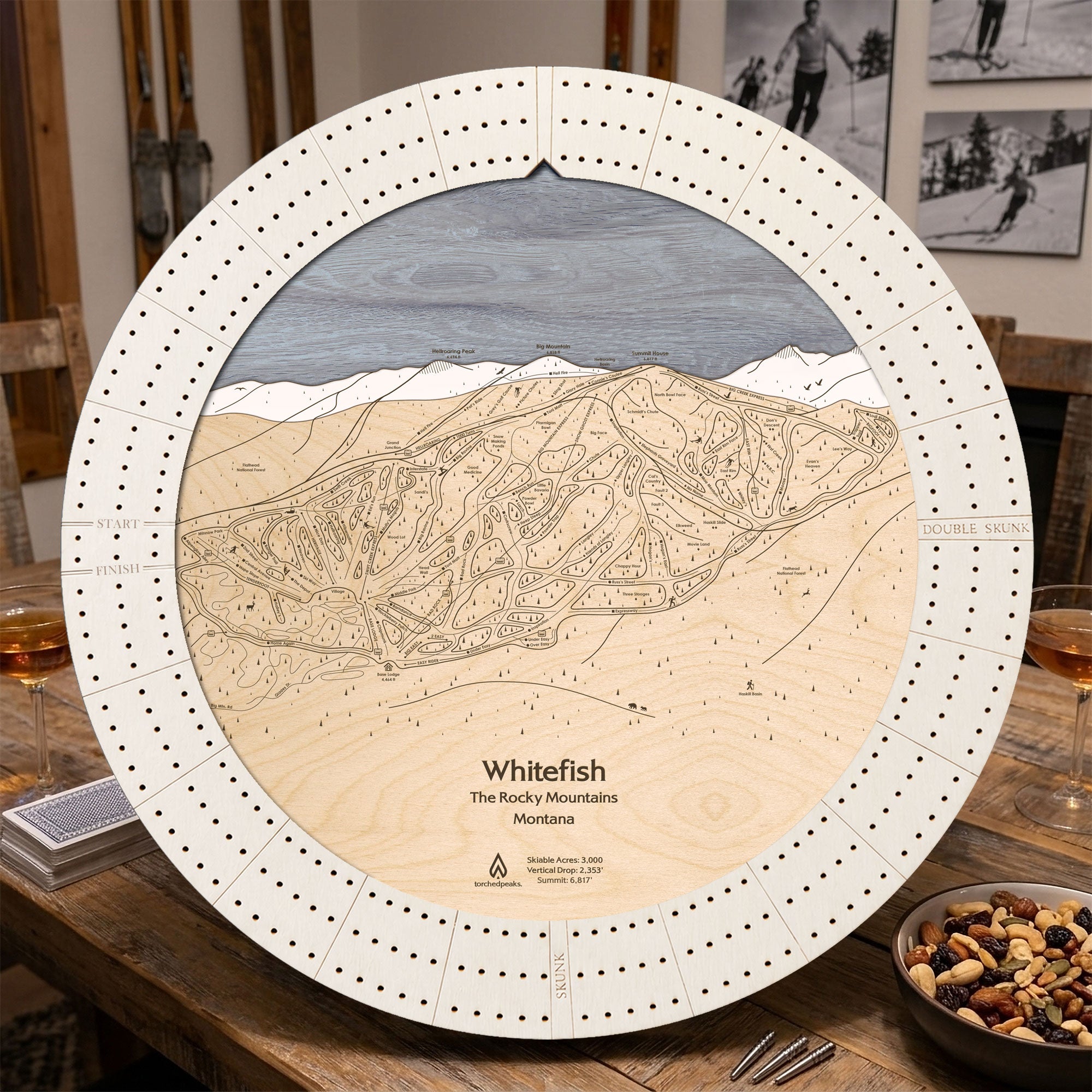 Arctic White Whitefish ski map cribbage board staged in a mountain home as a unique gift for skiers.