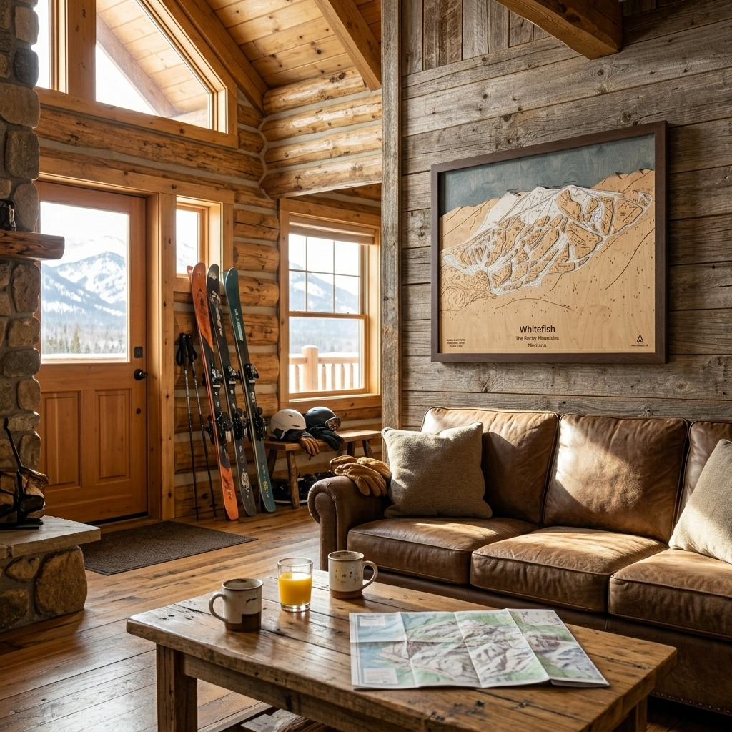 whitefish montana framed ski map displayed in a ski mountain home as inspiration for alternative to ski posters