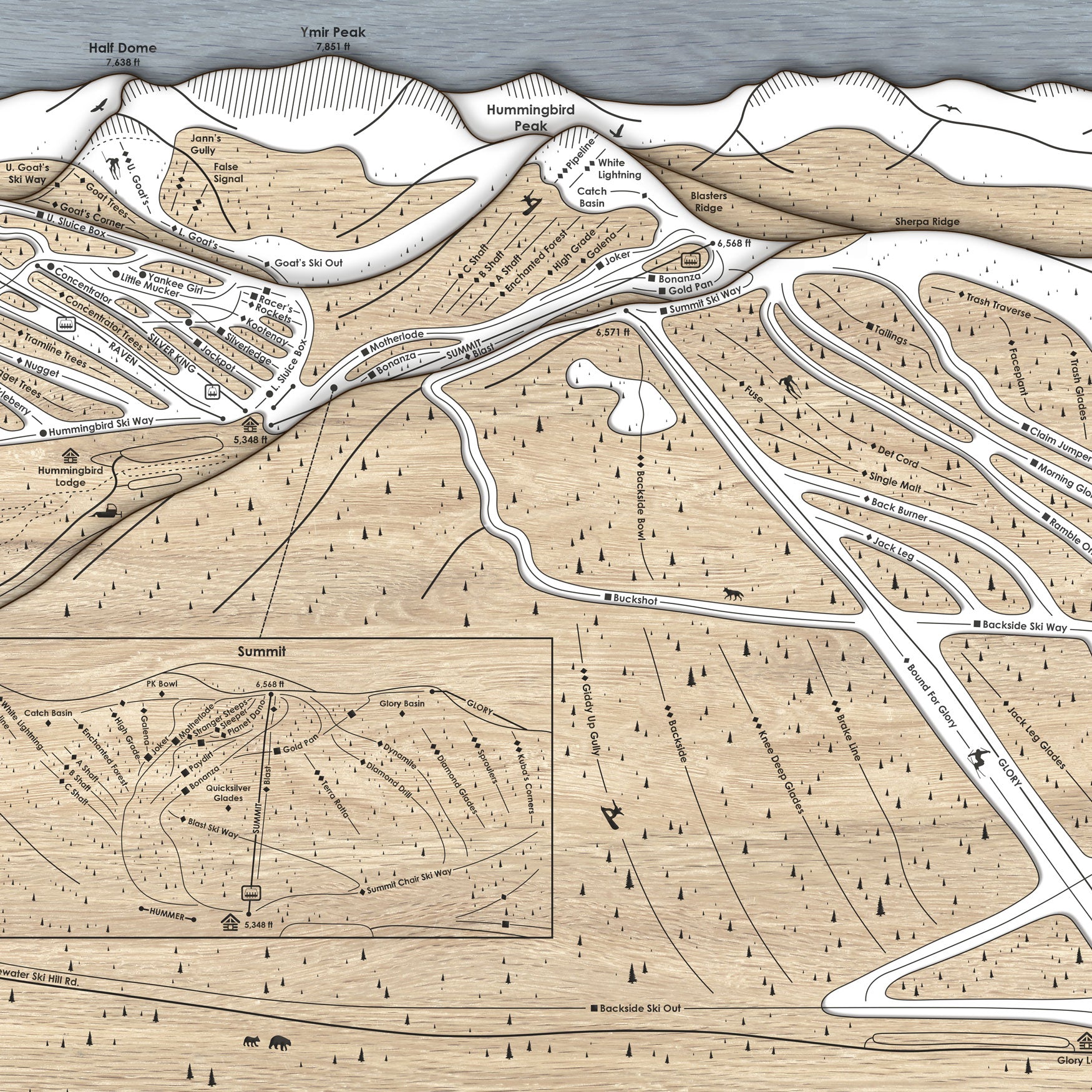 Laser-cut map of a Whitewater Ski area with labeled points of interest and ski trails.