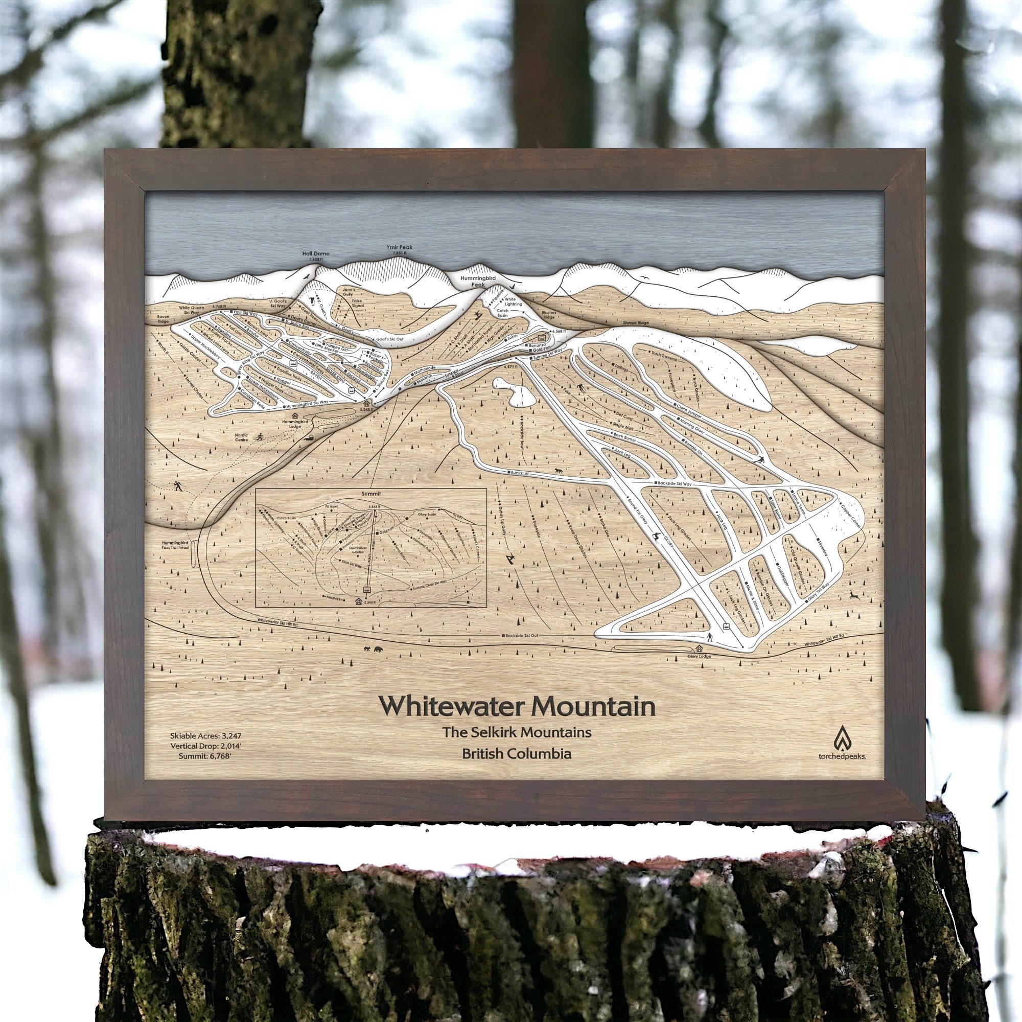 3D layered, wooden map of Whitewater Mountain Ski Resort in a frame against a natural background