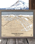 3D Wooden map of Whitewater Ski Area with a mountainous landscape in the background
