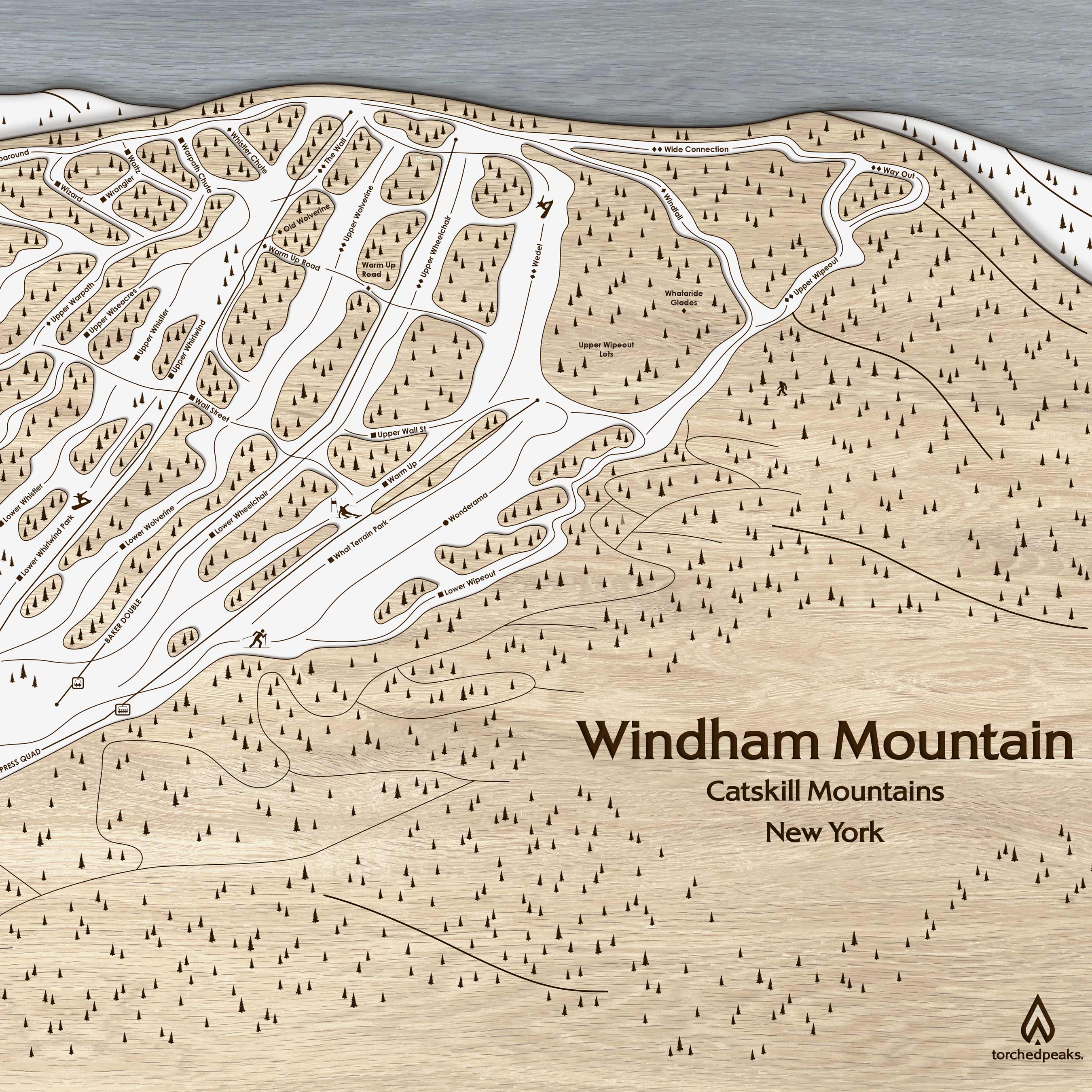 Windham Mountain Club Ski Trail Map | 3D Laser-engraved Mountain Art | Torched Peaks