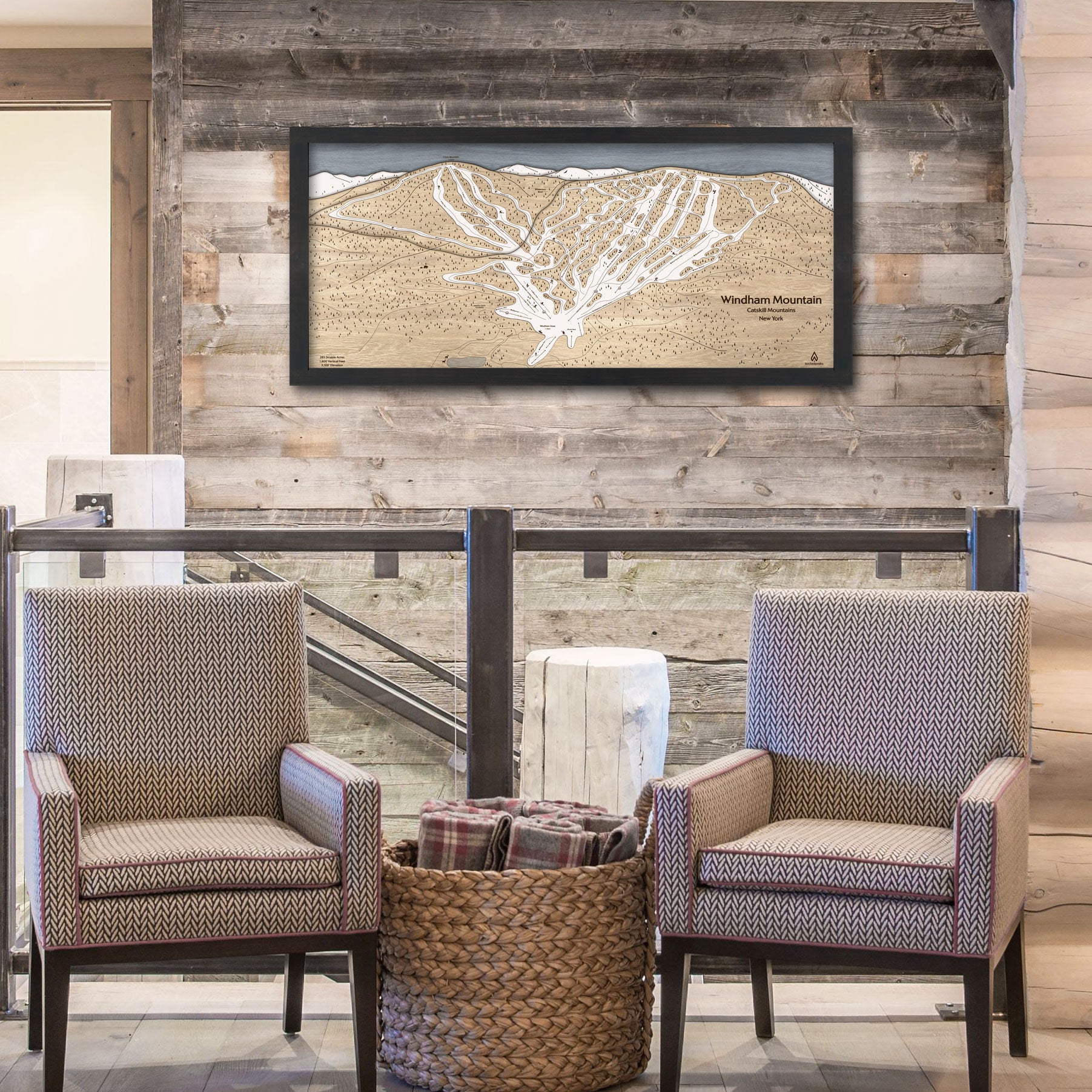 Ski Cabin Wall Art: Windham Mountain Wood Panoramic Map