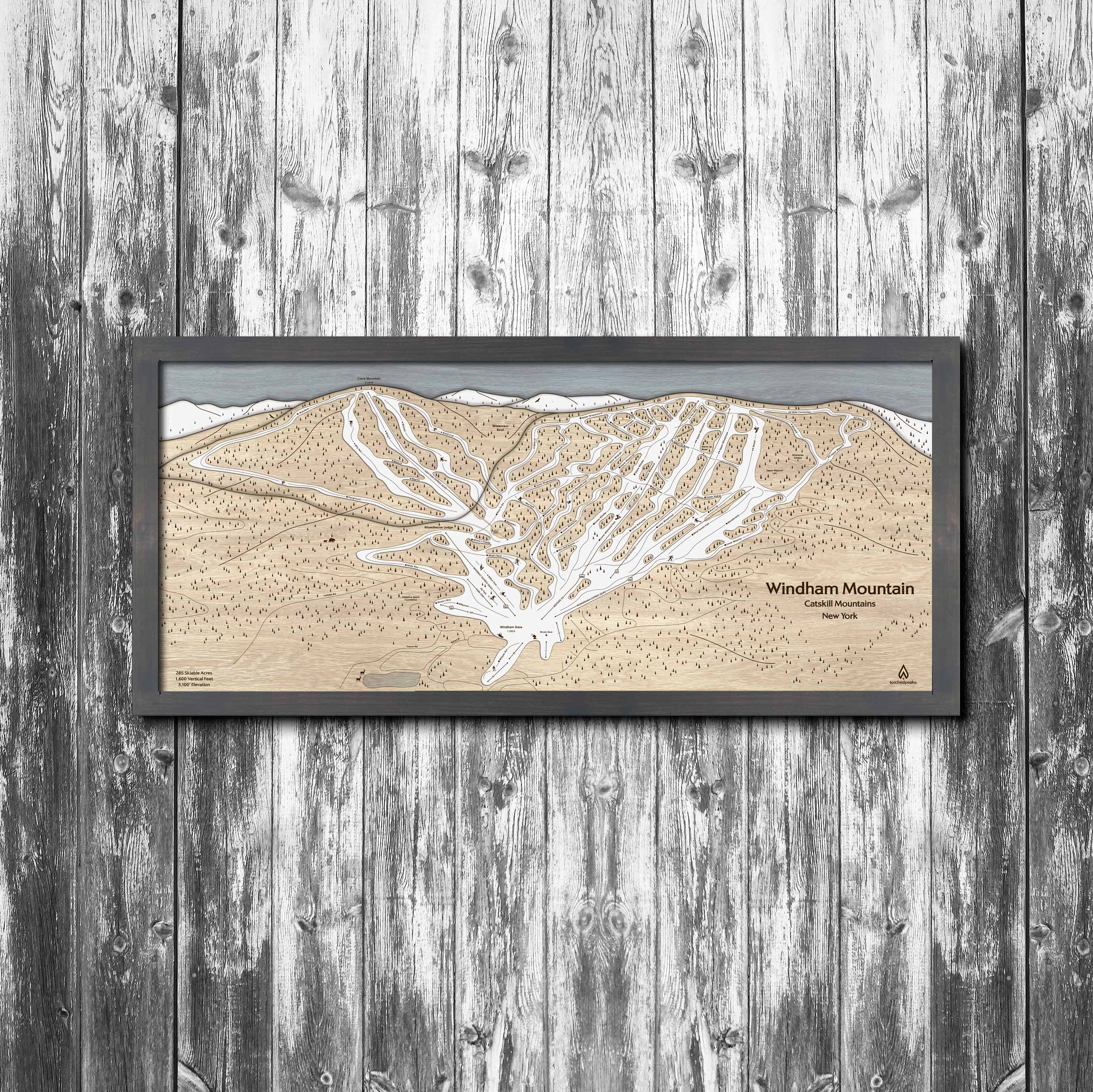 Windham Mountain Club Ski Trail Map | 3D Laser-engraved Mountain Art | Torched Peaks