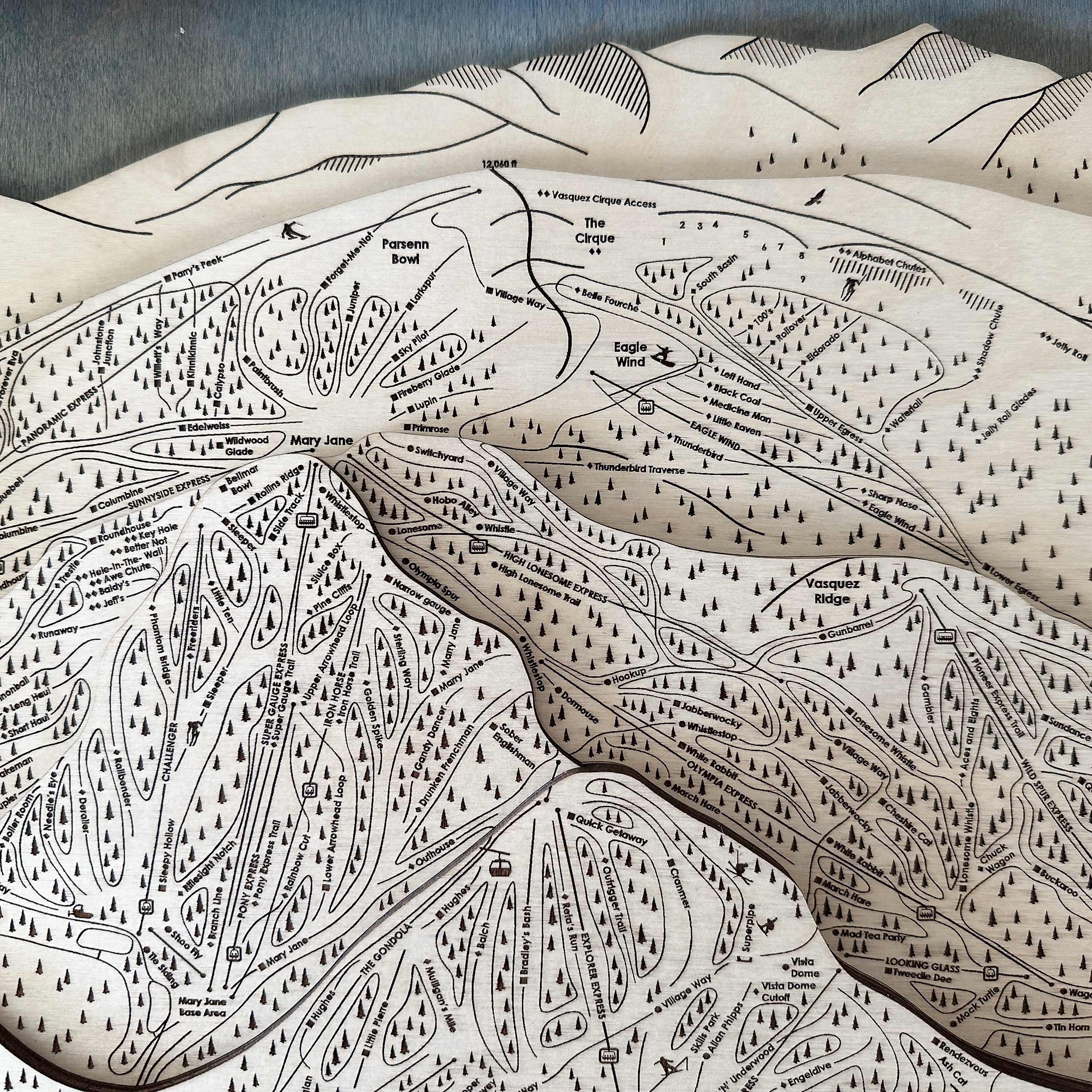 Lasers engraved a Winter Park Ski Resort Trail Map