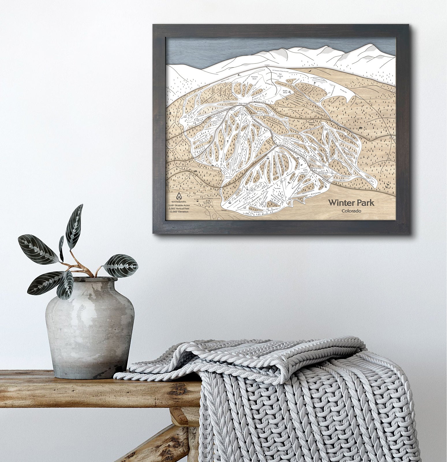 Winter Park Ski Trail Map | 3D Wooden Mountain Art | Torched Peaks