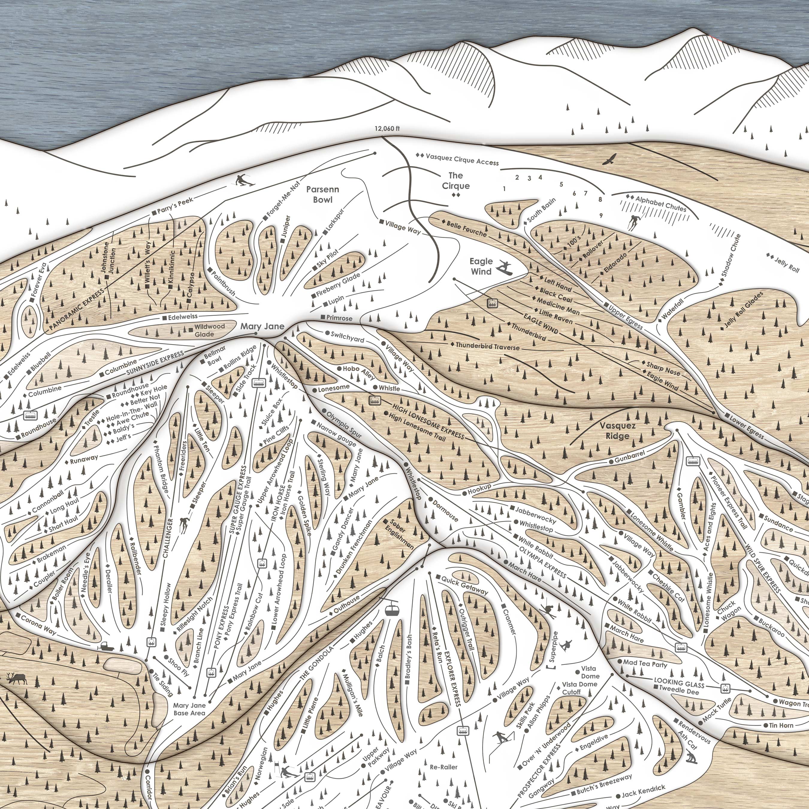 Winter Park Ski Trail Map | 3D Wooden Mountain Art | Torched Peaks