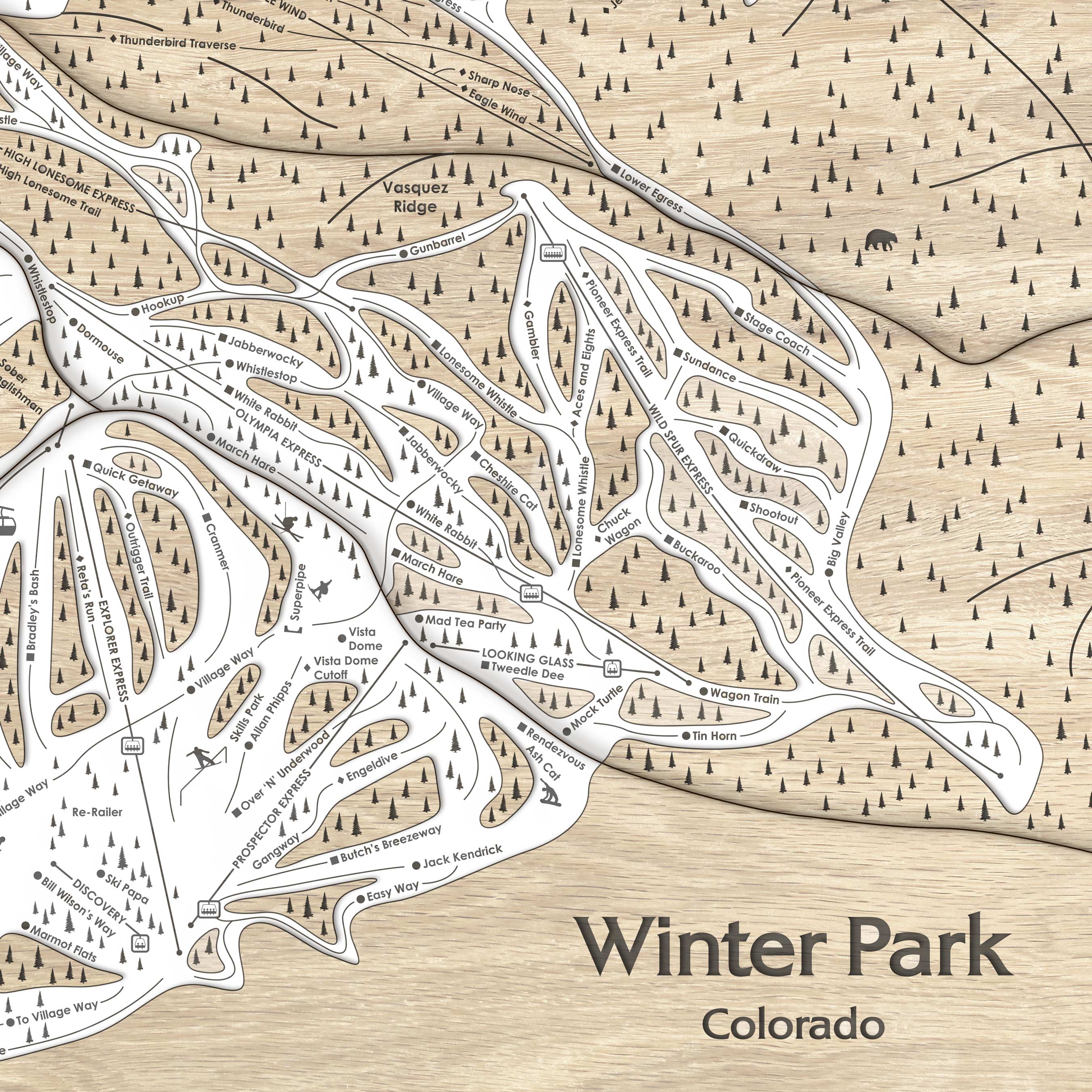 Winter Park Ski Trail Map | 3D Wooden Mountain Art | Torched Peaks