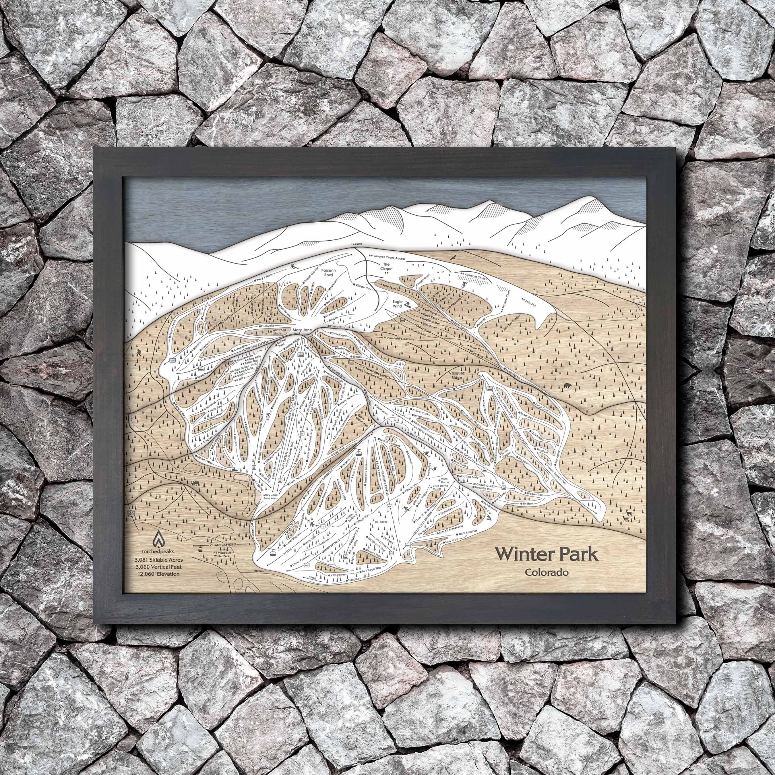 Winter Park Ski Trail Map | 3D Wooden Mountain Art | Torched Peaks