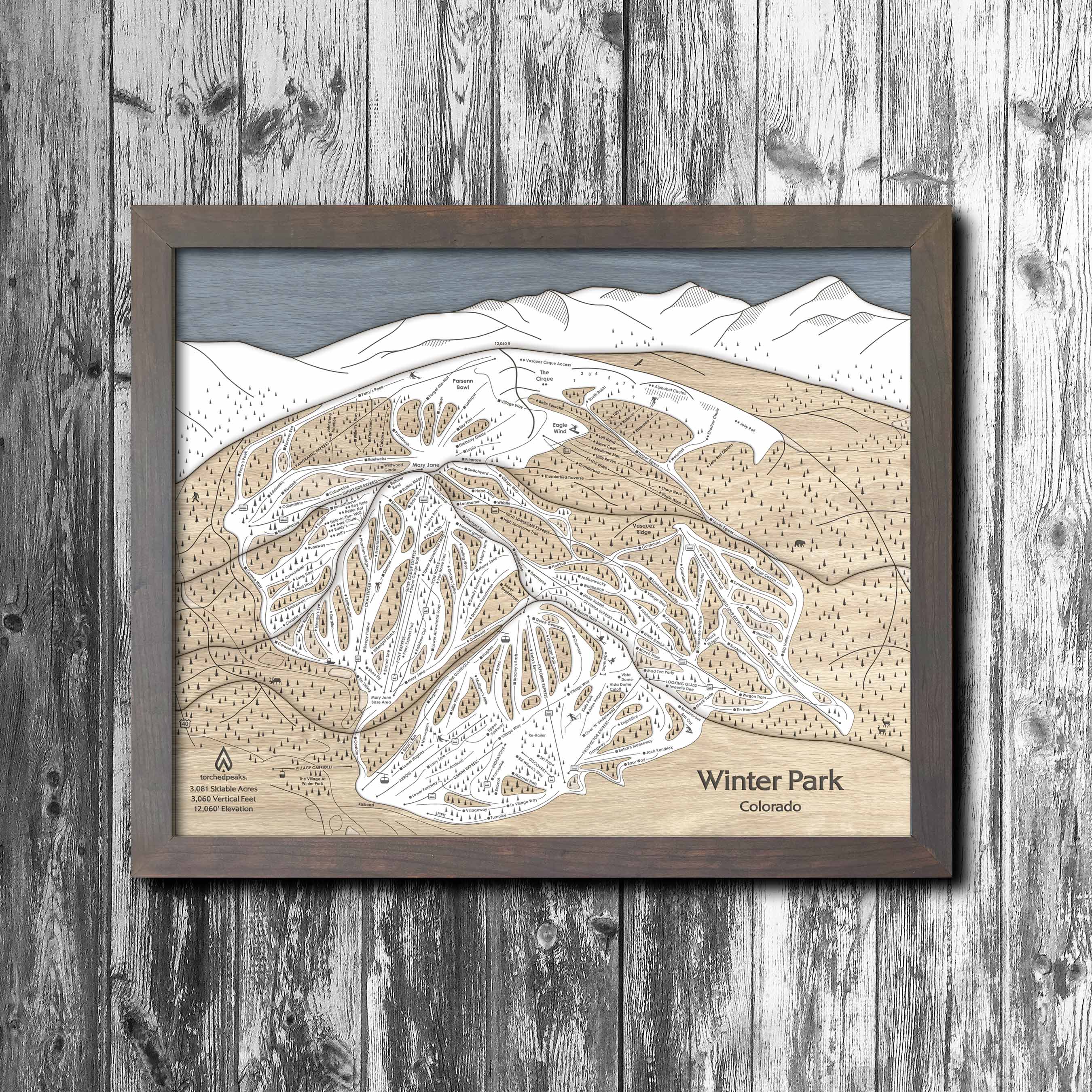 Winter Park Ski Trail Map | 3D Wooden Mountain Art | Torched Peaks