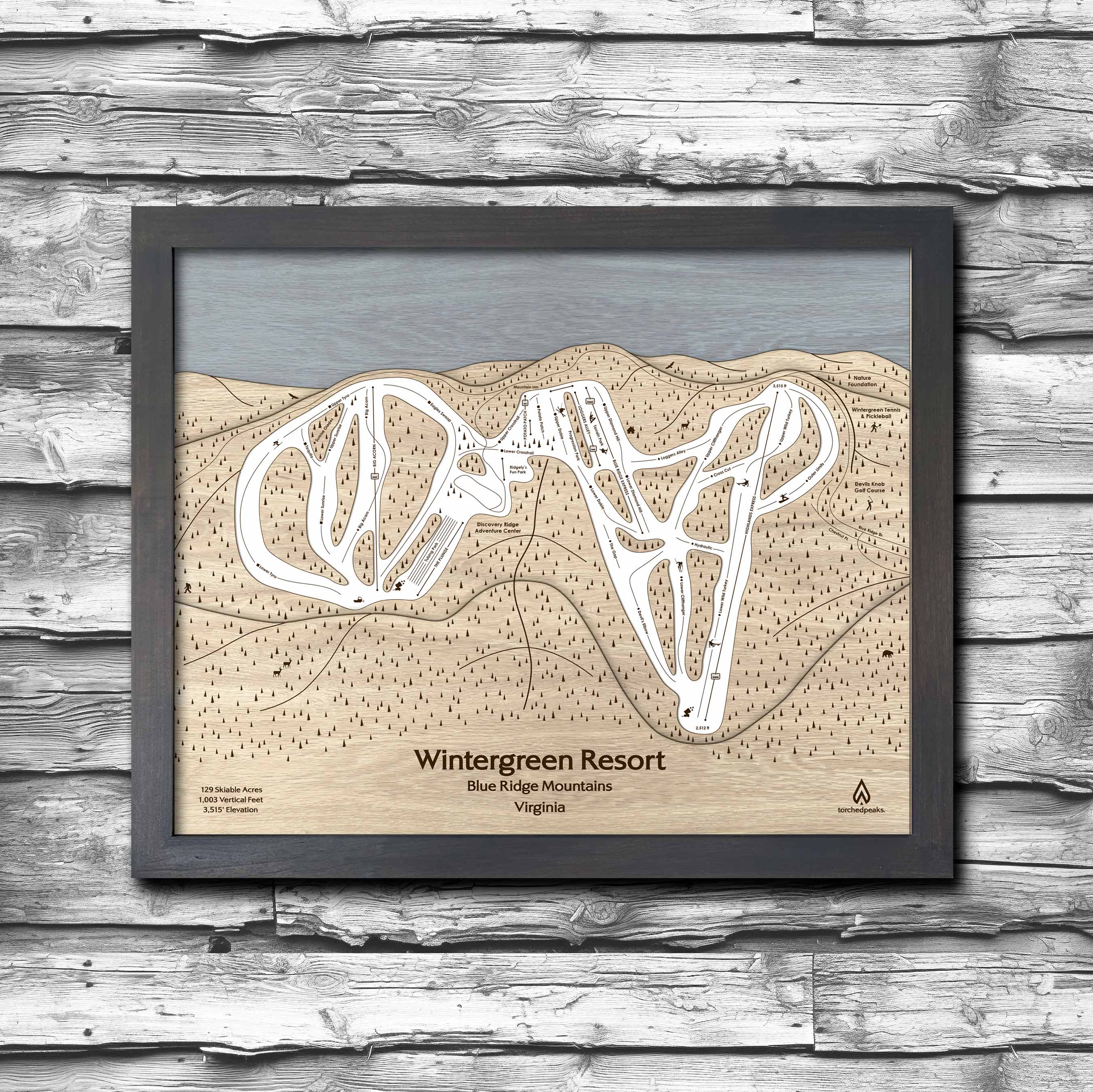 Wintergreen Resort Ski Trail Map | 3D Wood Mountain Art | Torched Peaks