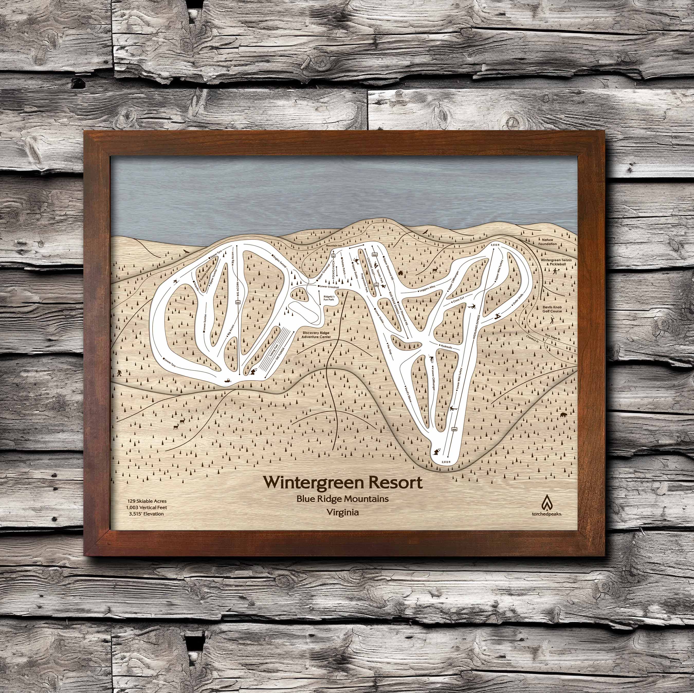Wintergreen Resort Ski Trail Map | 3D Wood Mountain Art | Torched Peaks