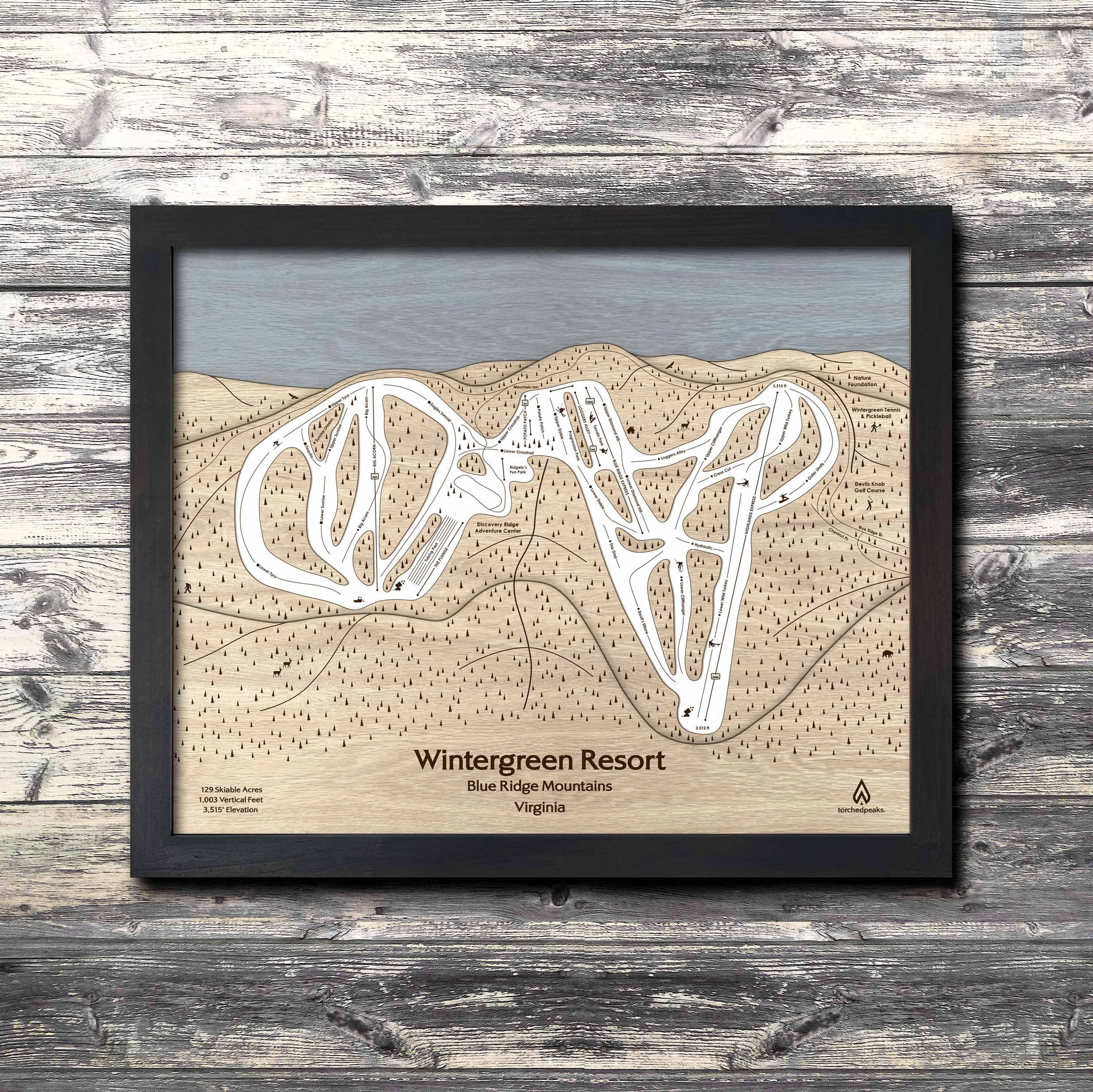 Wintergreen Resort Ski Trail Map | 3D Wood Mountain Art | Torched Peaks