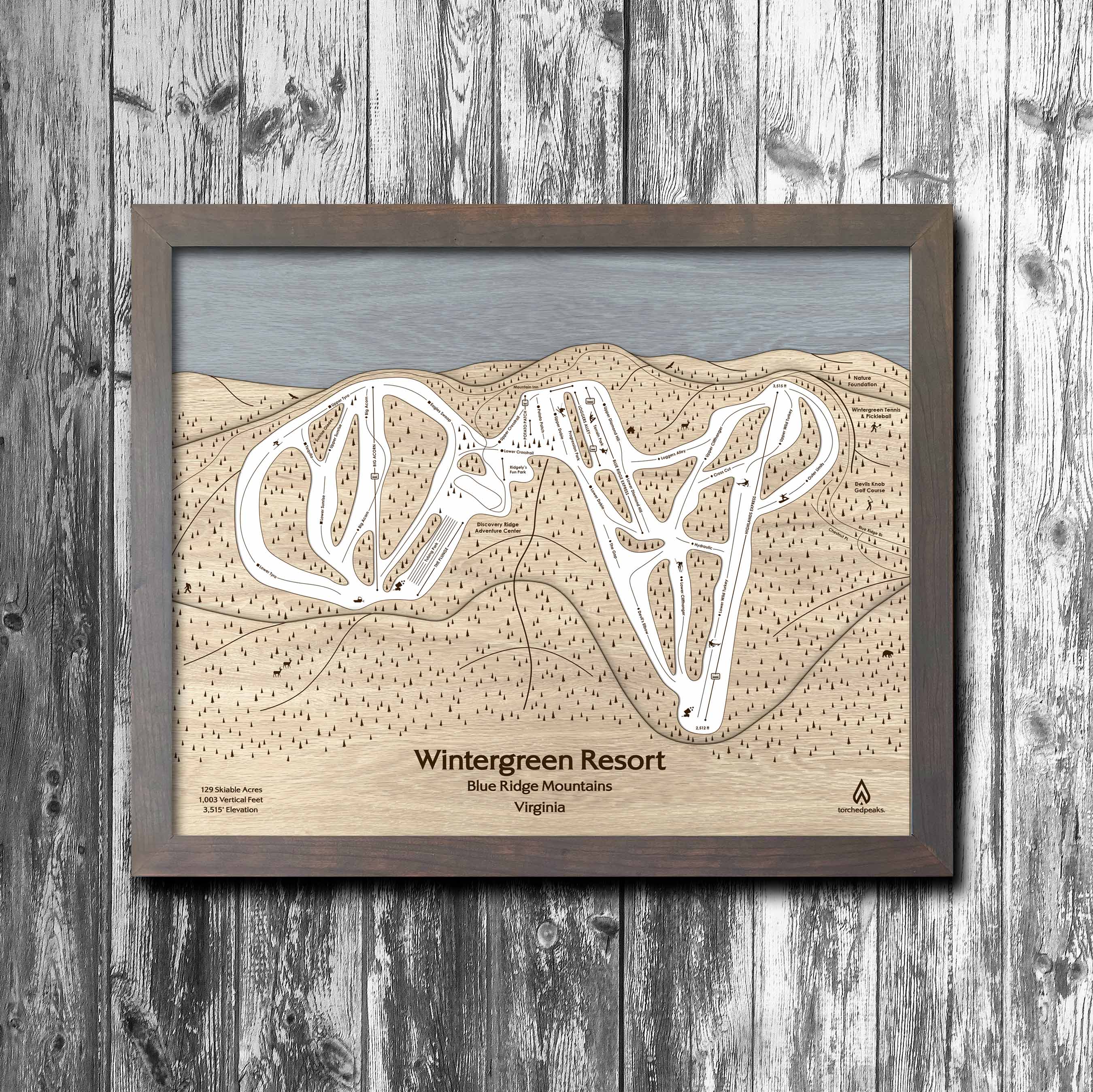 Wintergreen Resort Ski Trail Map | 3D Wood Mountain Art | Torched Peaks