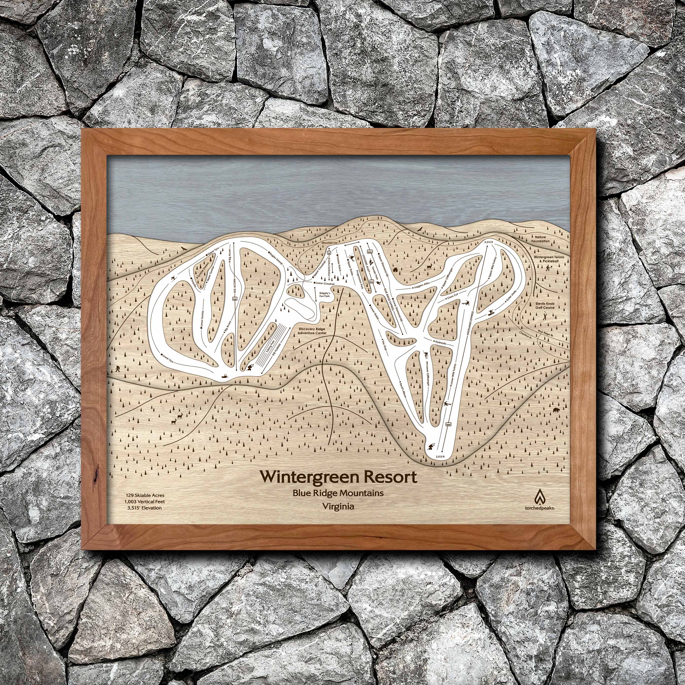 Wintergreen Resort Ski Trail Map | 3D Wood Mountain Art | Torched Peaks