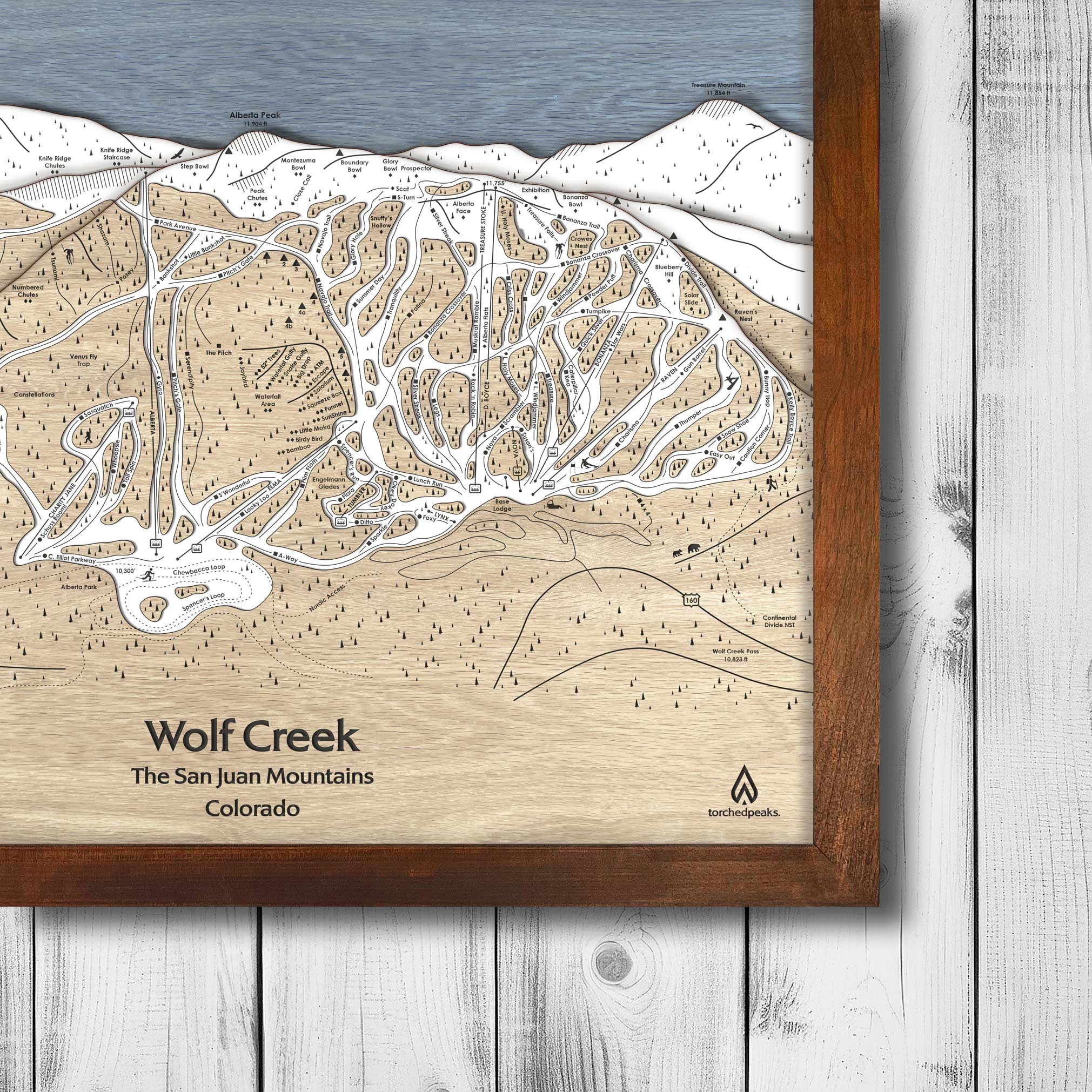 Wolf Creek Ski Resort Map laser-carved in wood, Framed Skiing Art