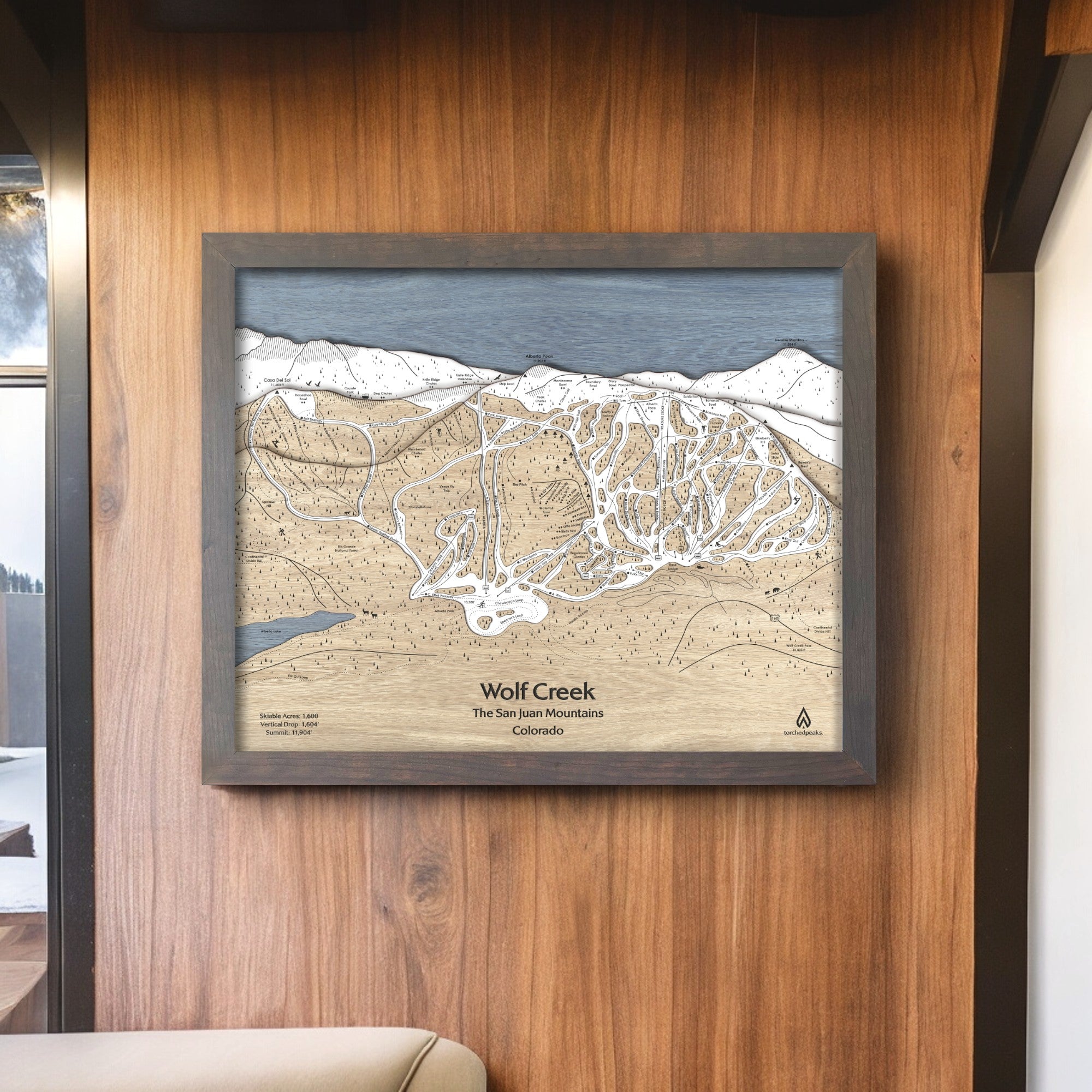 Wolf Creek Ski Run Map, laser-engraved wood map