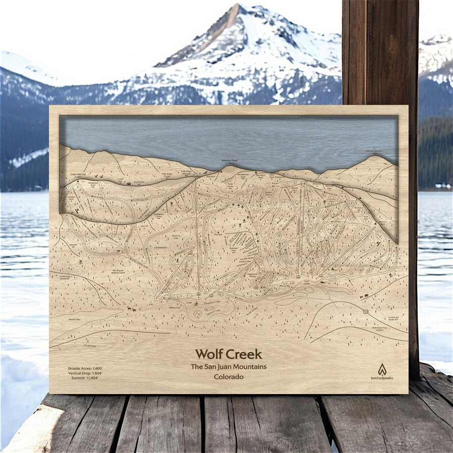 Wolf Creek Ski Trail Map, Framed Skiing Poster, Wooden Ski Map