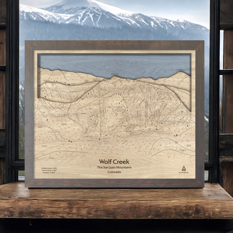 Wolf Creek Ski Resort Trail Map, Framed Skiing Poster, Wooden Ski Map, Torched Peaks Authentic Ski Maps, Wood Ski Map Pioneer