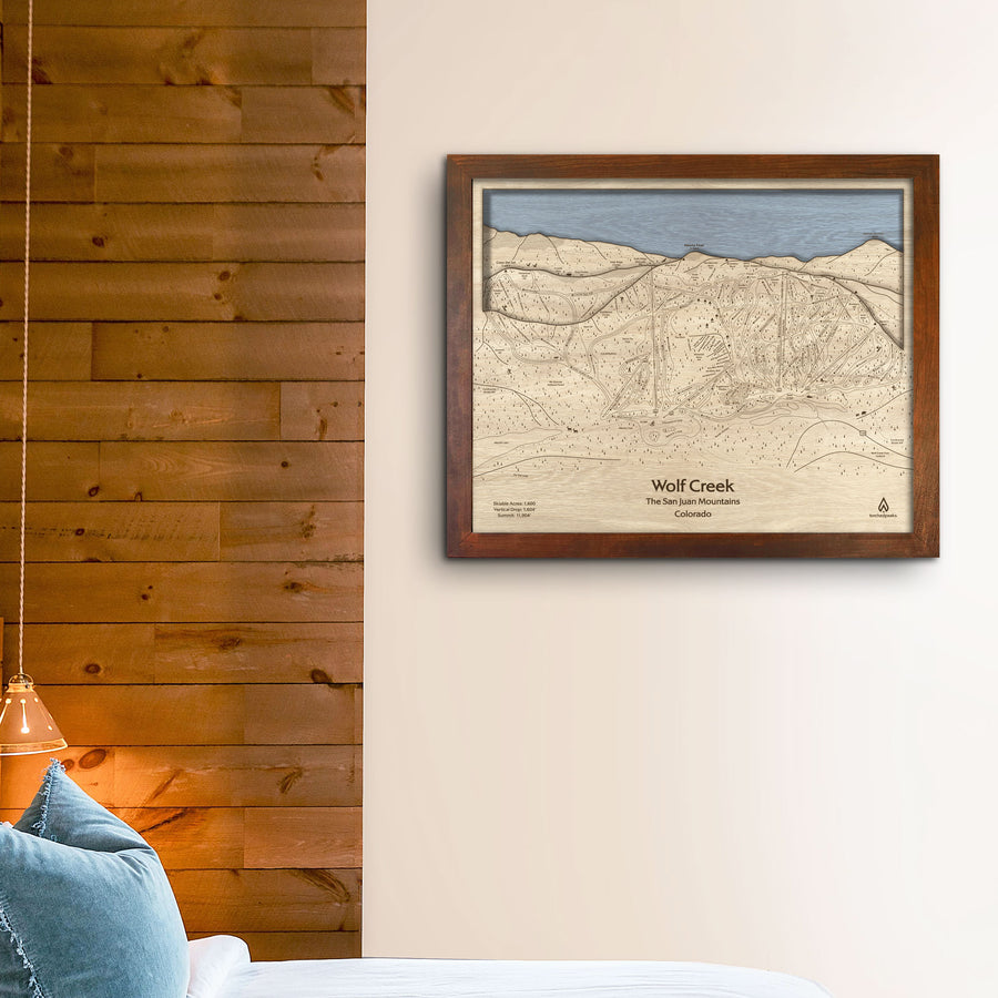 Wolf Creek Ski Resort Trail Map engraved in wood. 