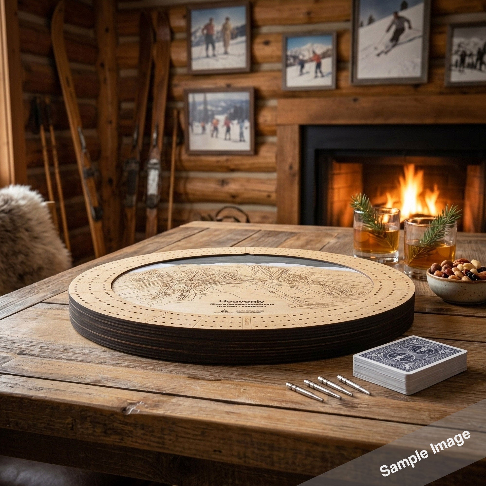 A rustic wooden ski map board game set displayed on a wooden table in a cozy cabin living room with a burning fireplace, skis leaning against the wall, and framed ski photos on the wood-paneled wall.