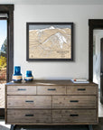 Framed large format artwork of Yellowstone Club Ski Resort on a wall in a modern ski house. 