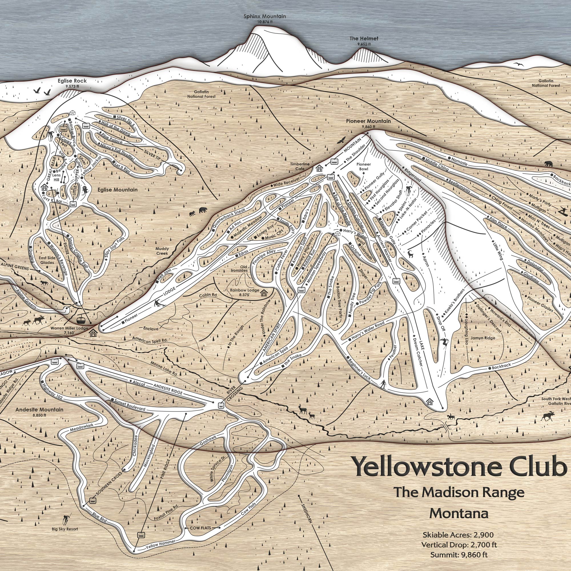 Laser-cut wood map of Yellowstone Club's Ski Trails in Montana with topographic details.