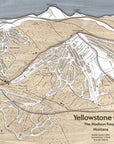 Laser-cut wood map of Yellowstone Club's Ski Trails in Montana with topographic details.