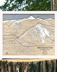 3D Wooden map of Yellowstone Club Ski Resort on a wooden stump with a natural background