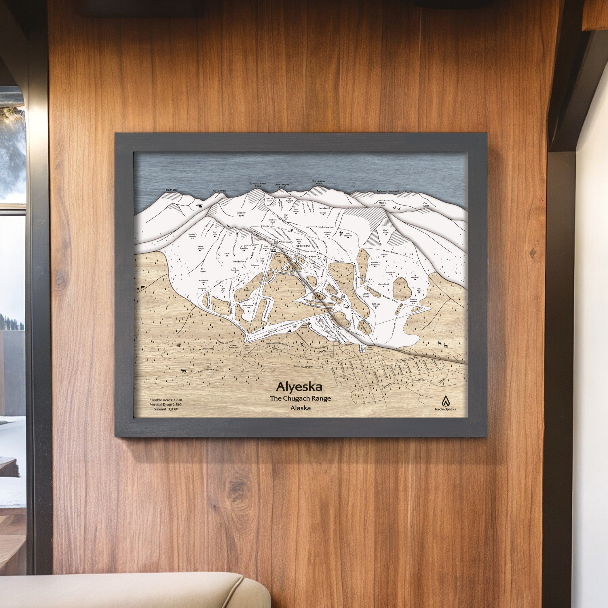 Alyeska Resort 3D Wood Map, Wall Art, Framed Mountain Art