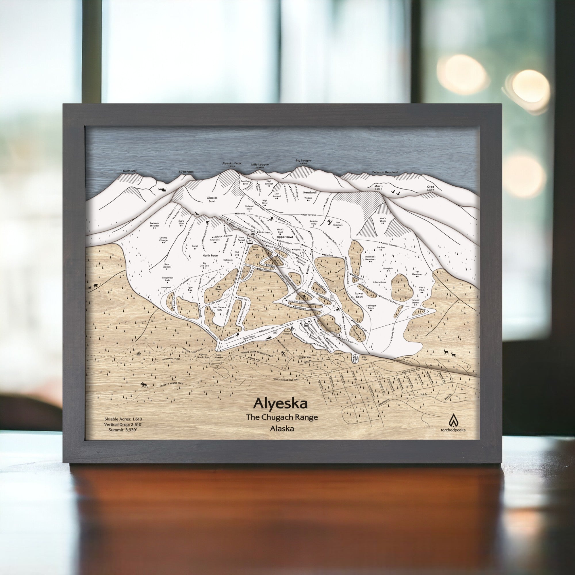 Alyeska Resort Ski Slope Map, Engraved in Wood, Handcrafted Ski Art