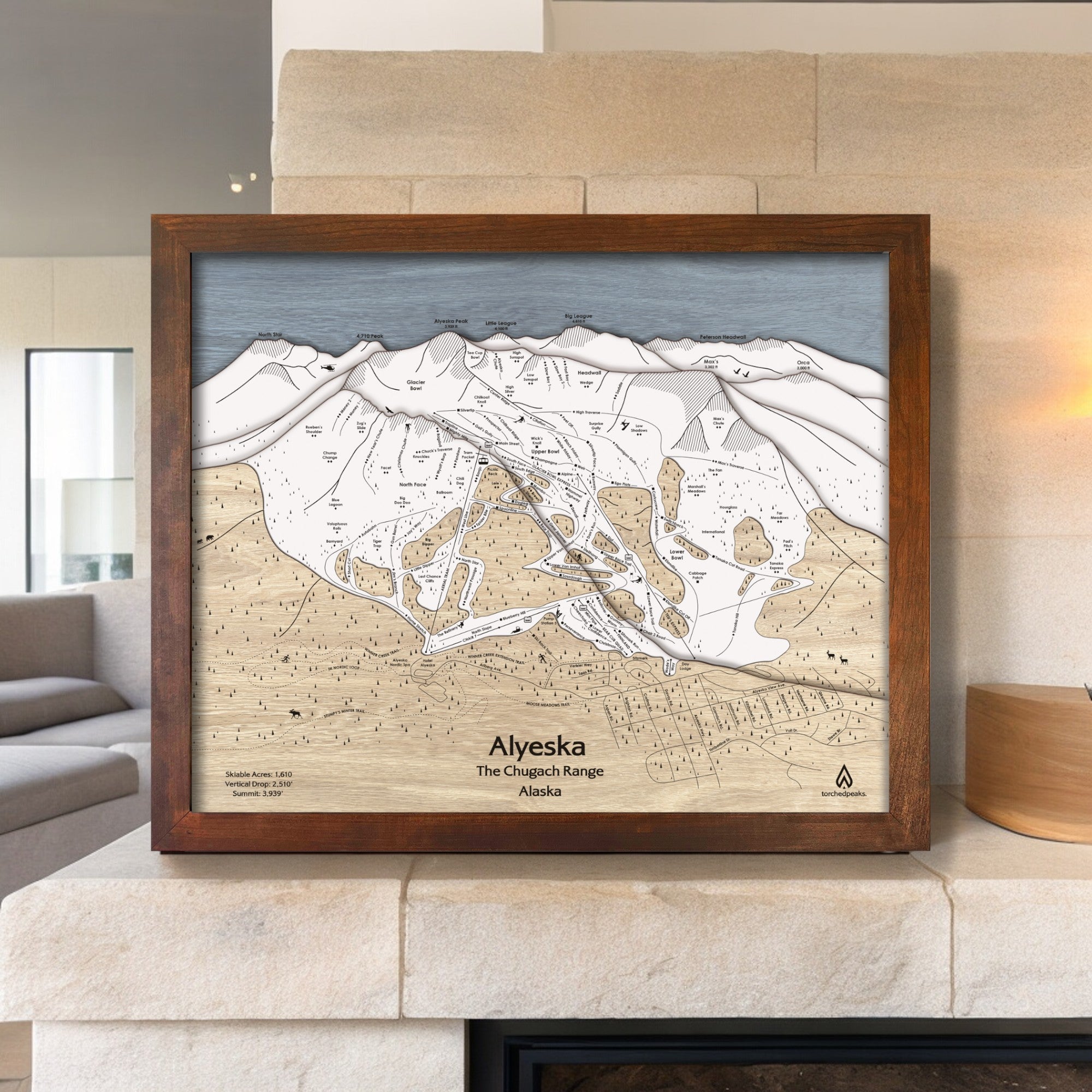 Alyeska Resort 3D Layered Map, Ski Decor, Wall Art