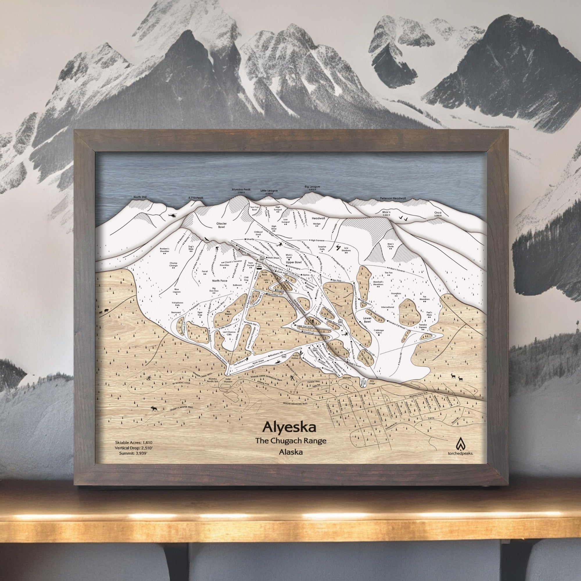 Alyeska Resort Map, designed by Artist Shawn Orecchio, Former Pro Snowboarder