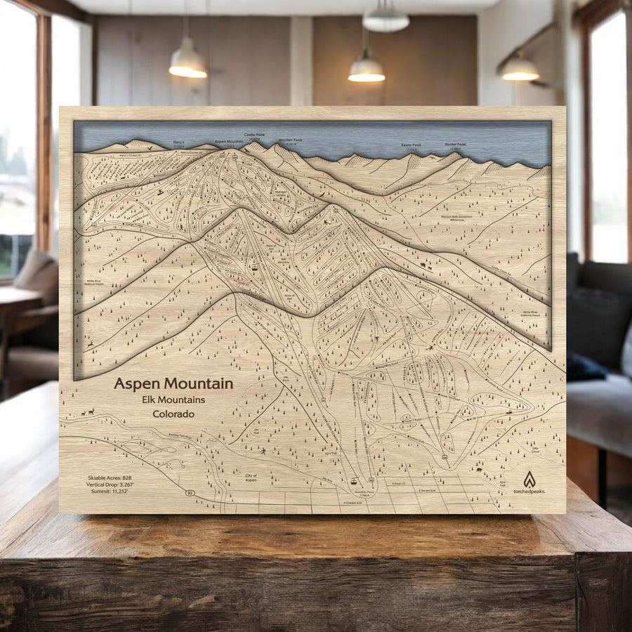 Aspen Mountain Colorado, Wooden ski map, Framed Skiing Art