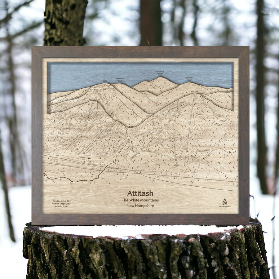 Attitash Mountain 3D Wood Ski Map, Framed Skiing Map, Wooden Ski Sign