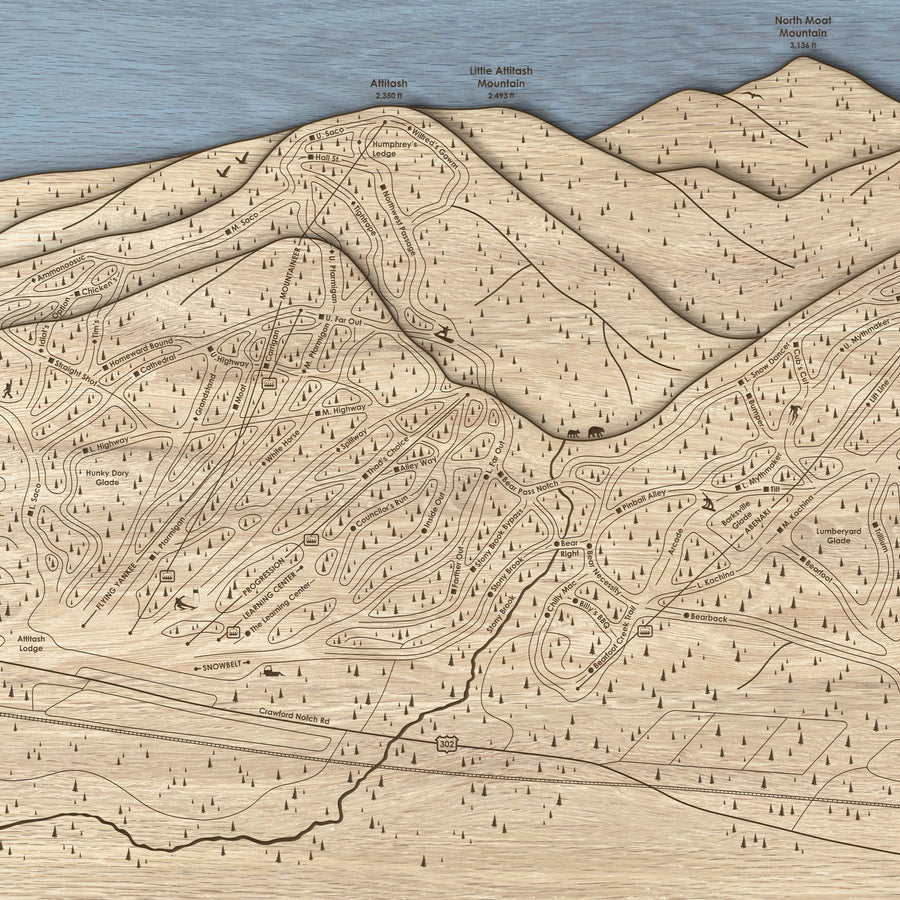 Attitash Mountain Laser-cut, engraved wood ski map