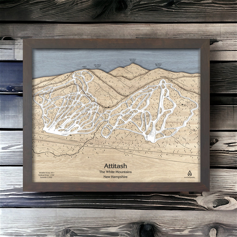 Attitash Ski Resort Map Art, Wooden Ski Poster, Laser-cut map